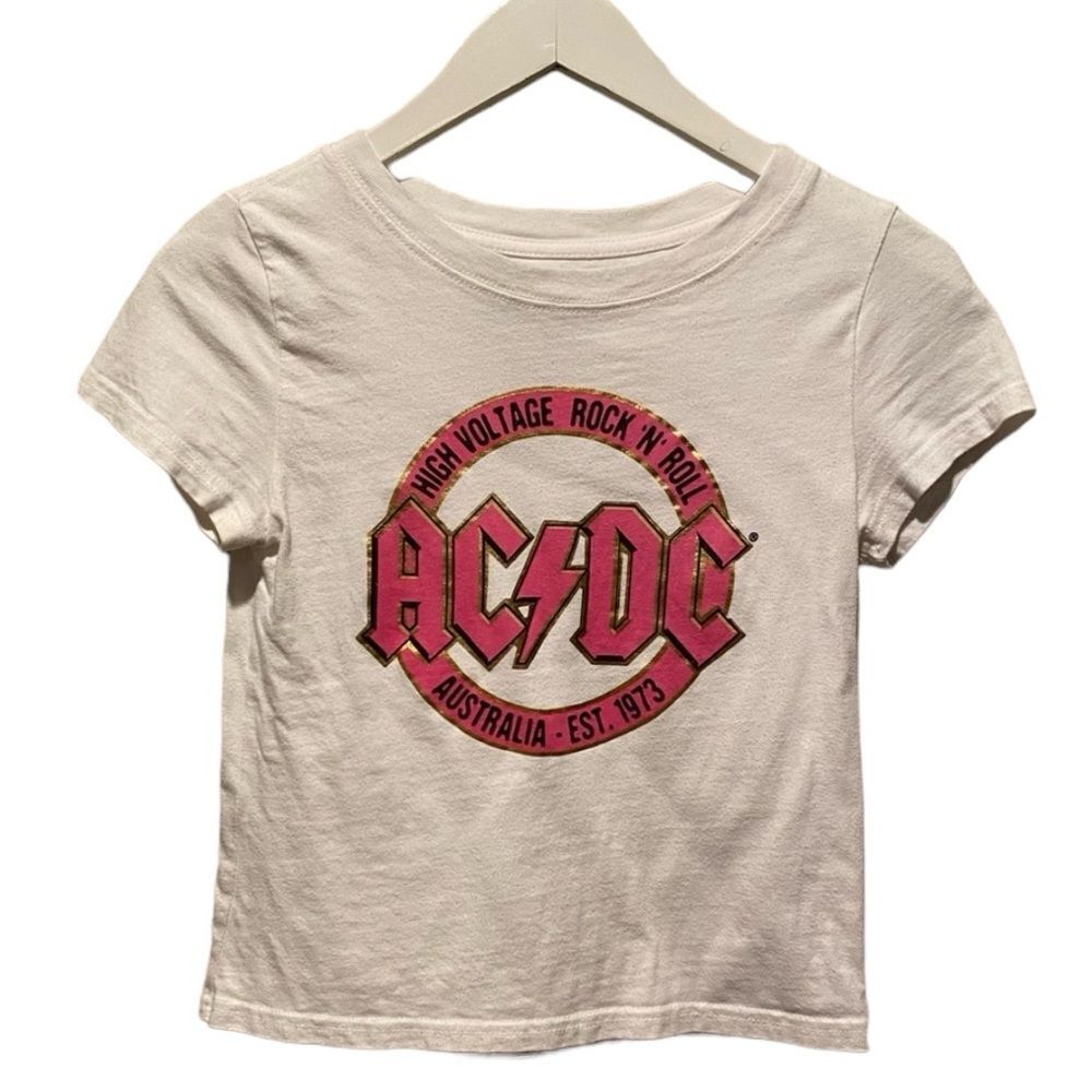 AC/DC T-shirt white pink‎ girls size 11/12 white pink rock band tee